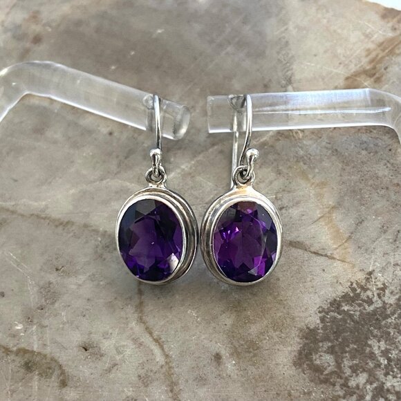 Sterling Silver 925 Faceted Oval Amethyst Dangle Drop Earrings Amethyst Jewelry - Picture 2 of 16
